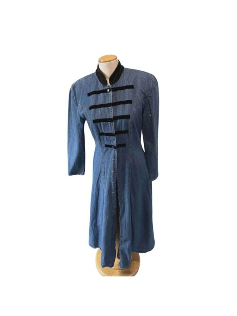 Sketches Clothing Vintage Denim Maxi Dress Velvet Trim Military Style Sz 8 flaws